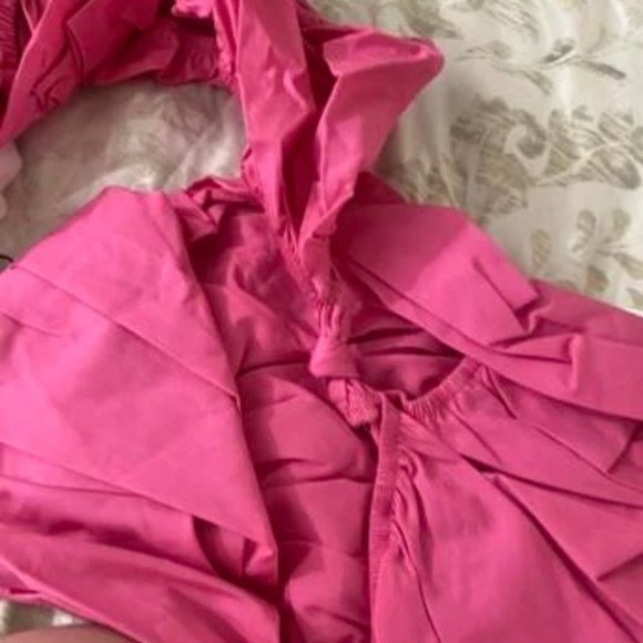 PINK PUFF SLEEVE ONE SHOULDER WAIST CUT OUT DETAIL MAXI DRESS SUMMER VACAY - Picture 6 of 6